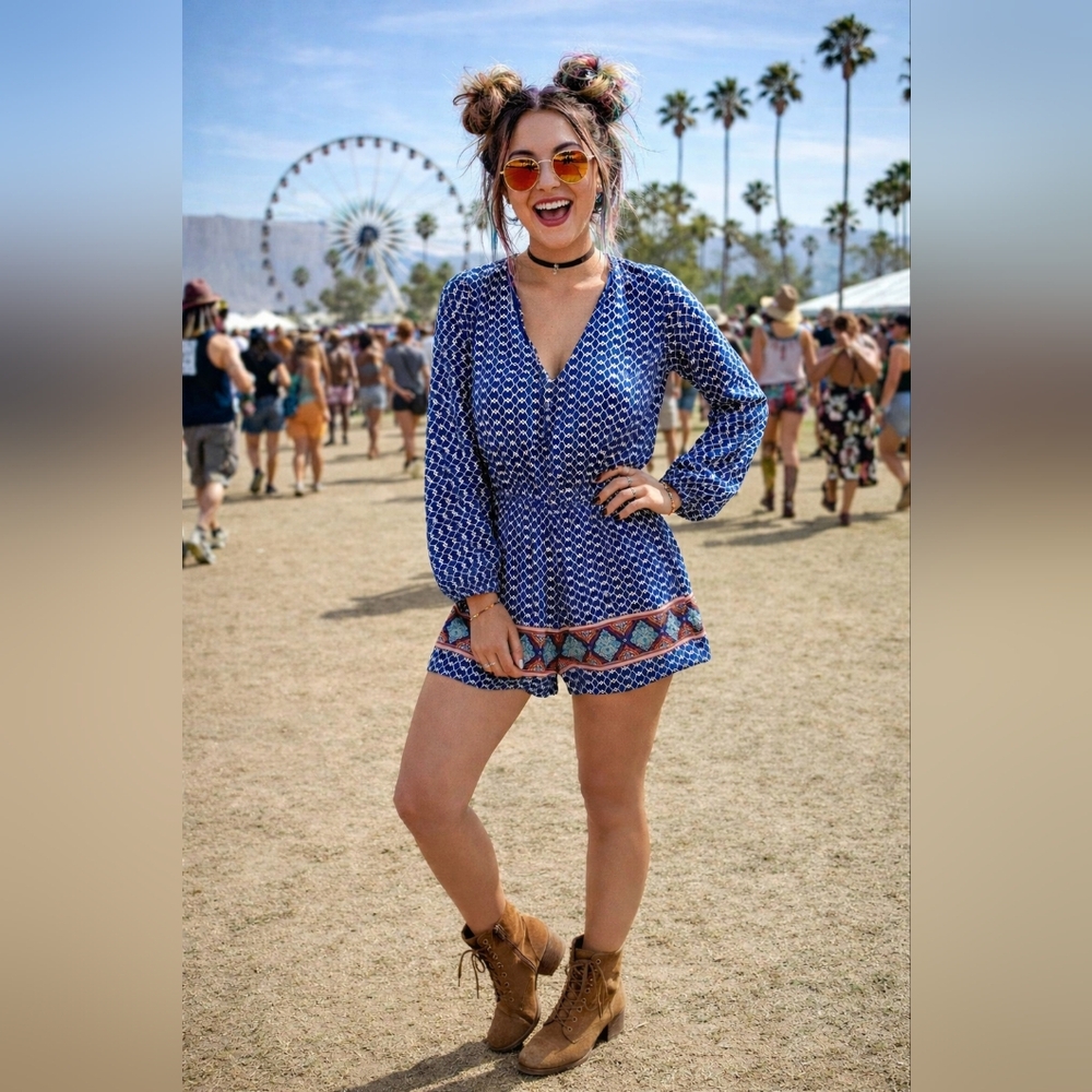 Blue Boho Print Long Sleeve Romper Elastic Waist V Neck Size L